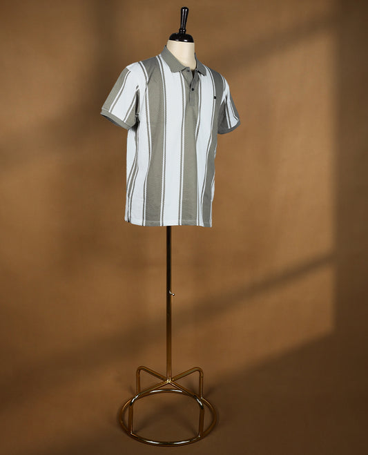 Grey and white striped men’s polo T shirt featuring a classic collar with button placket, short sleeves, and a regular fit crafted from soft, breathable fabric for everyday comfort and style