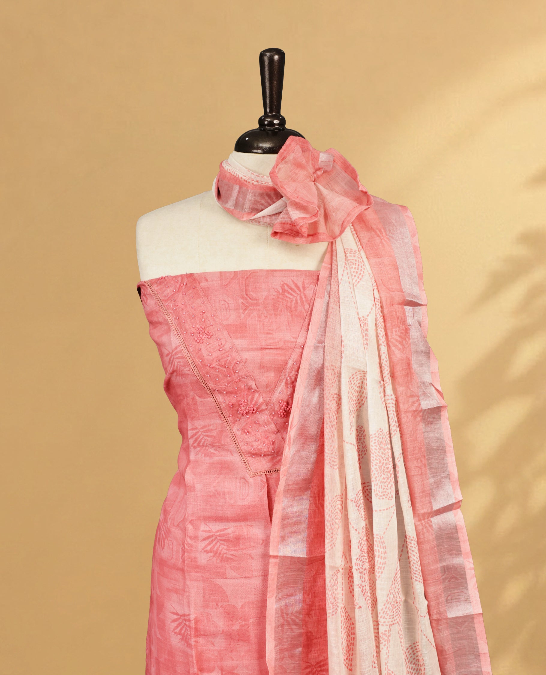 Pink Colour Salwar Material Featuring Leaf Pattern on body, paired with matching bottom & Elegant Dupatta For All go occasion Wear.