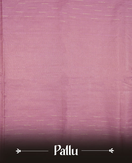 Pink colour semi jute saree highlighting gold zari striped body, without border and paired with matching blouse.