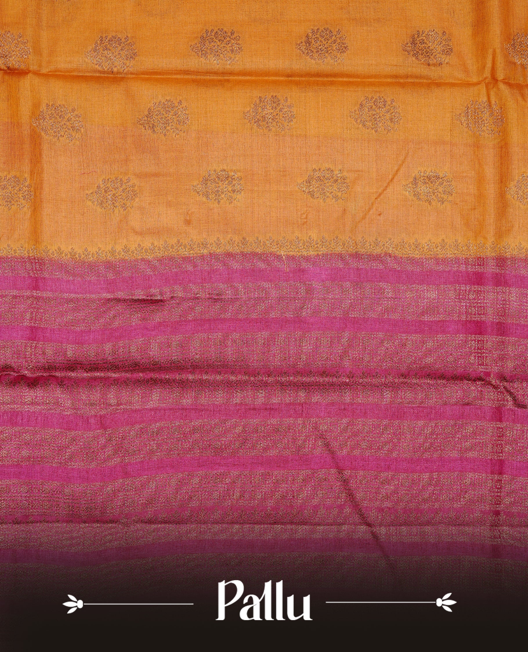Mustard colour pure tussar banaras silk saree featuring gold zari motifs on body, highlighting contrast Magenta colour with zari border, paired with matching blouse piece.
