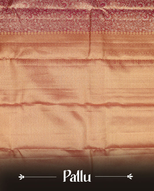 Gold & Rani pink double shade colour kancheepuram tissue silk saree featuring gold zari floral kodi pattern on body, complemented by contrast Rani pink colour with traditional border, paired with matching blouse piece.