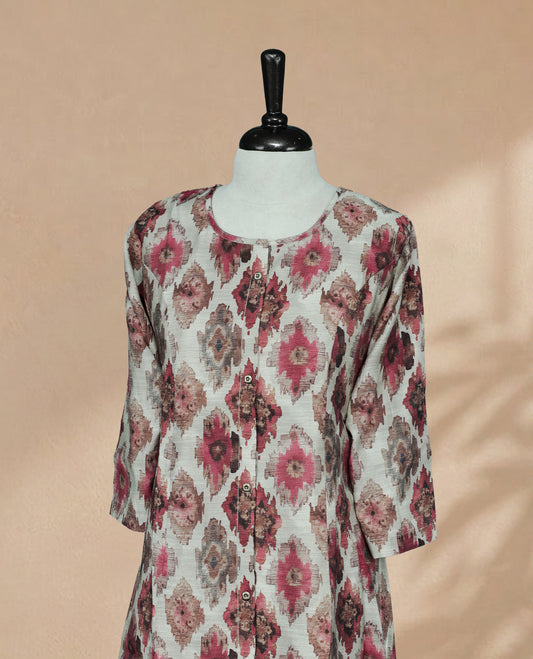 Grey colour  Kurti featuring digital prints on the body, a U-shaped neckline with buttons, and 3/4 sleeves.