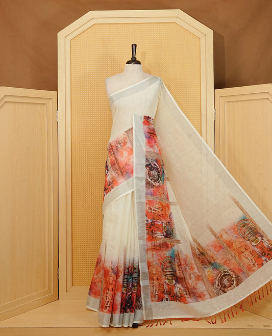 Off white Semi Linen Saree featuring One side Red Indian Cultural Painting print, silver tissue border, comes with Matching blouse piece with same unique Pattern.