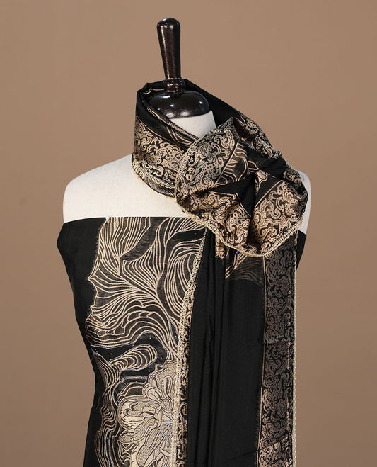 black colour churidhar material featuring gold thread pattern on body, paired with matching bottom and Dupatta.