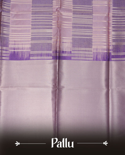 Lavender and pink colour semi tussar silk saree, featuring an intricate gold zari stripes on the body and pallu  comes with matching blouse.