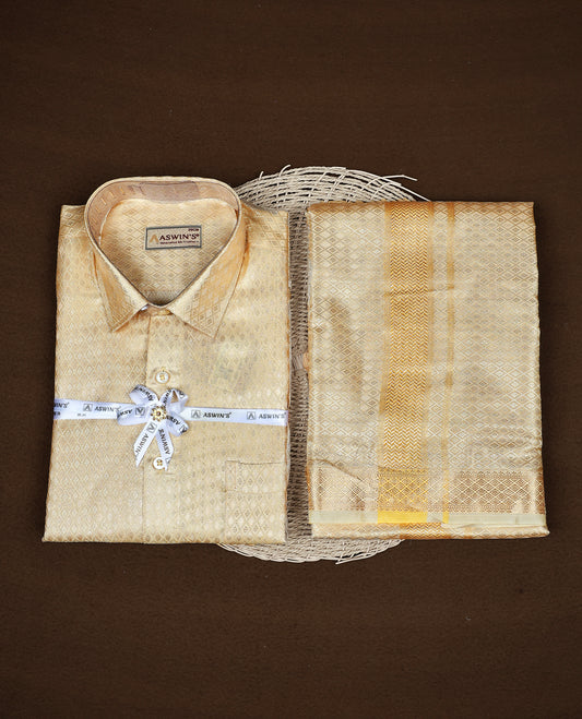 Light Gold colour  ASWIN'S shirt paired with a matching dhoti, finishing with a Gold kara