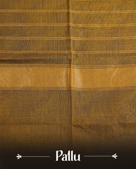 Olive colour chettinad cotton saree featuring Elegant plain body, Contrast black colour with gold zari border, comes with matching blouse piece.