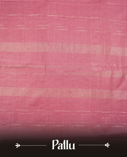 Light onion colour semi jute saree highlighting gold zari striped body, without border and paired with matching blouse.