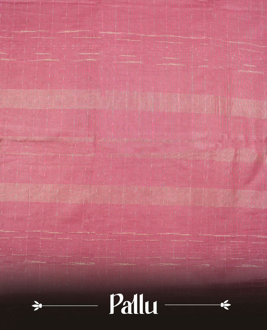 Light onion colour semi jute saree highlighting gold zari striped body, without border and paired with matching blouse.