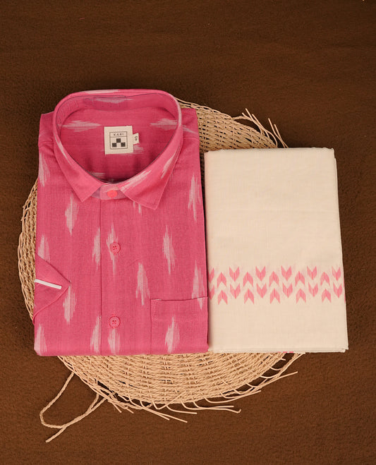 Pink colour shirt featuring Floral Pattern printed body, paired with cream colour double dhoti featuring Arrow printed border.