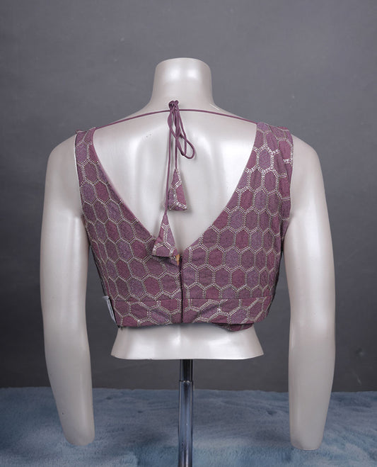 Lavender & pastel onion colour padded blouse with gold hexagon weave, sleeveless V-neck, and deep V-back with tie-up tassels.