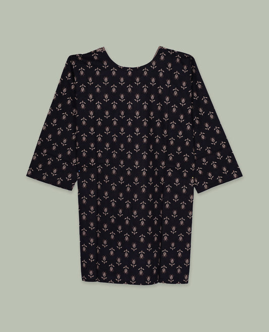 Black printed tunic top featuring an all-over ethnic motif print, V-neckline with contrast border detailing, three-quarter sleeves, and a straight, easy-fit silhouette.