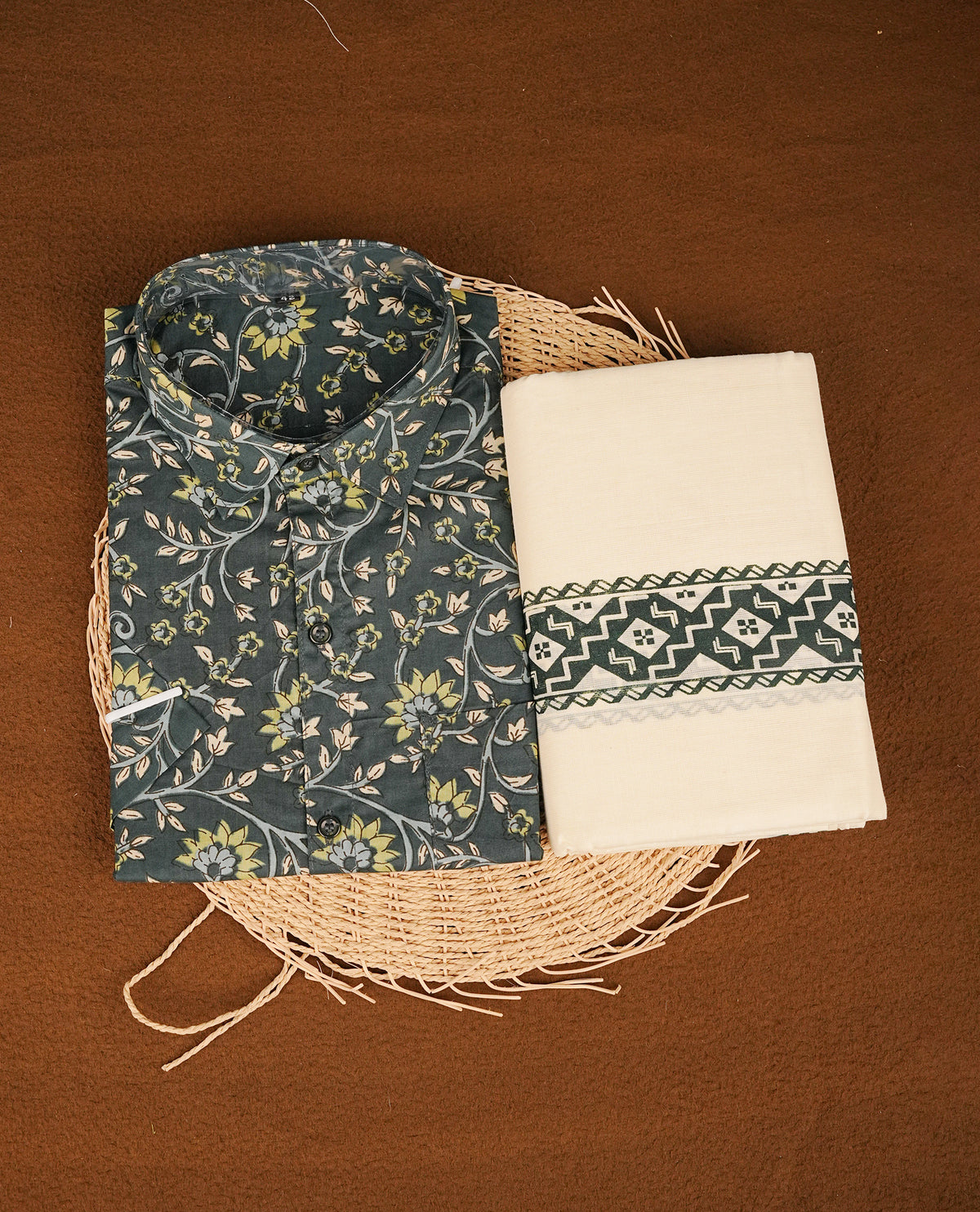 Dark Green colour shirt featuring Floral Pattern printed body, paired with cream colour double dhoti featuring printed border.