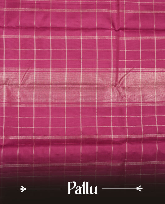 Twilight Magenta colour pure traditional Kancheepuram silk saree adorned with an elegant zari check pattern across the body, complemented by a simple zari woven border, paired with a matching blouse piece.