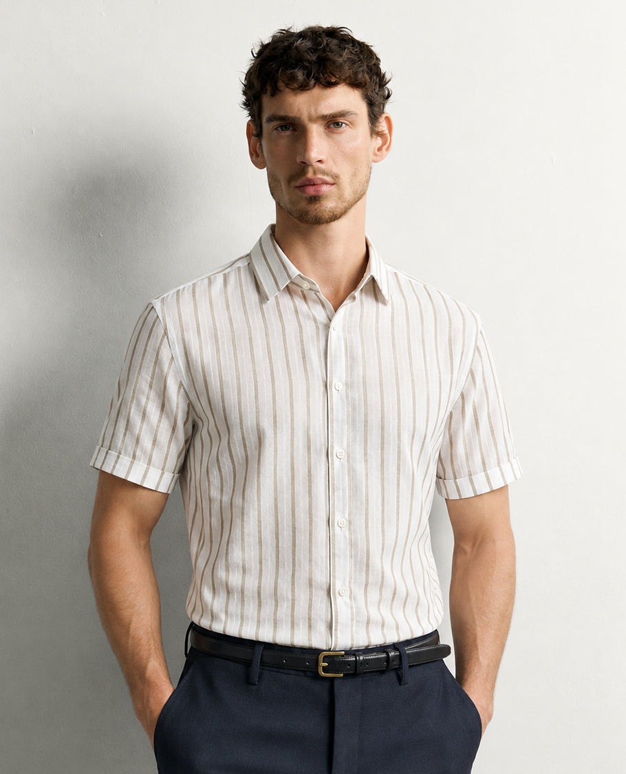 White colour shirt Light Brown colour Strip pattern body, Half sleeve.