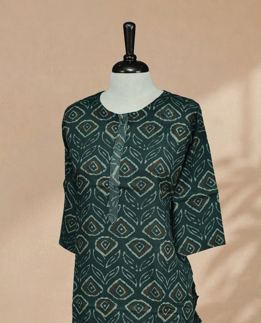 Dark Teal Colour Kurti Faturing  geometric and leaf-inspired block print On Body , Round  Neckline  With Thread Detailing  & 3/4 Sleeve Design.