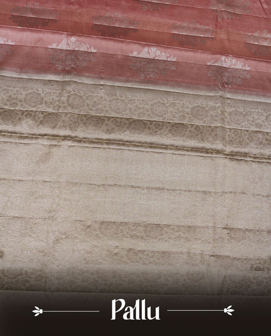 Light brown colour pure banaras tusser silk saree highlighting antique zari pattern across body, with contrast cream colour with zari border and paired with matching blouse