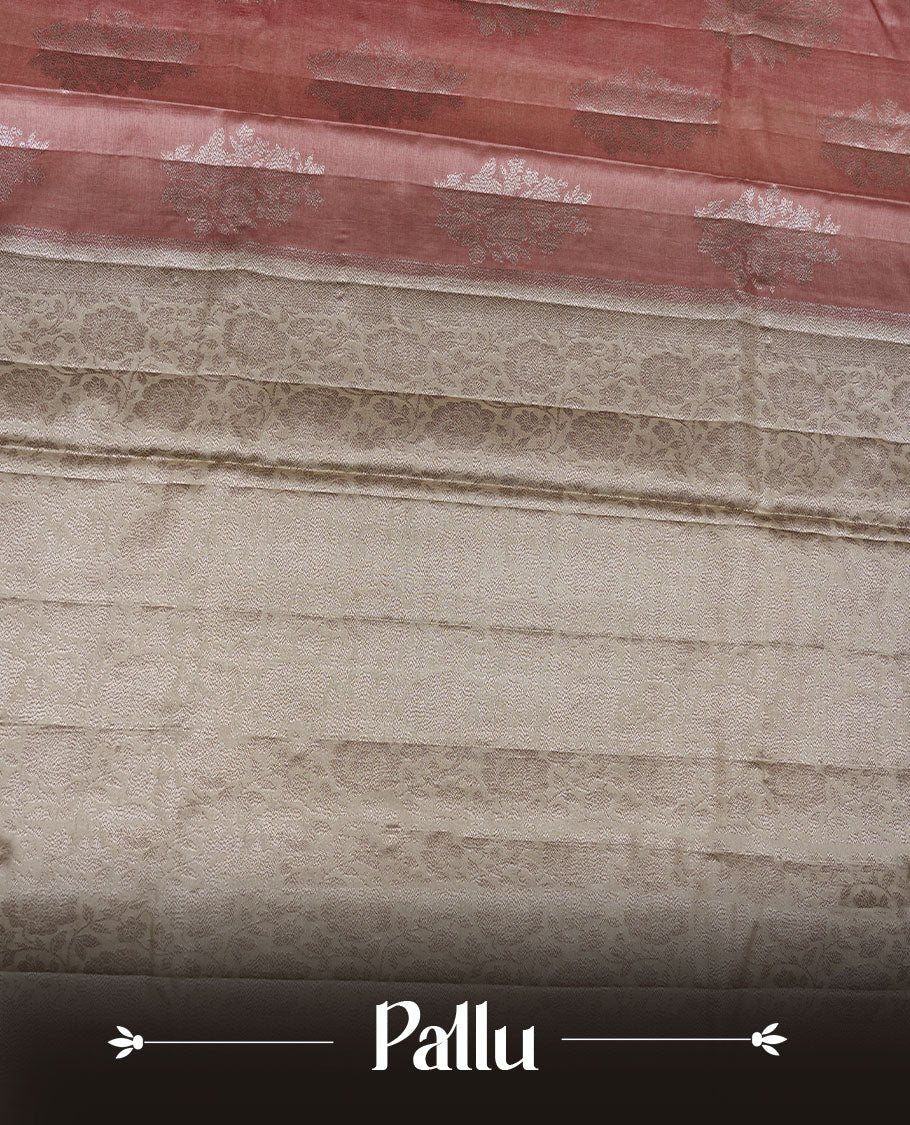 Light brown colour pure banaras tusser silk saree highlighting antique zari pattern across body, with contrast cream colour with zari border and paired with matching blouse