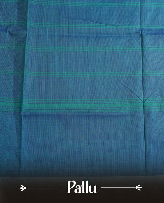 Teal colour chettinad cotton saree Featuring Gold zari Check Pattern on body, complemented by contrast Blue colour with zari border, comes with matching blouse piece.