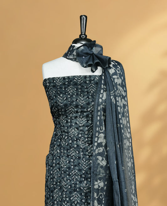 Greenish Black Colour Salwar Material Featuring Hakoba Pattern on body, paired with matching bottom & Elegant Dupatta For All go occasion Wear.