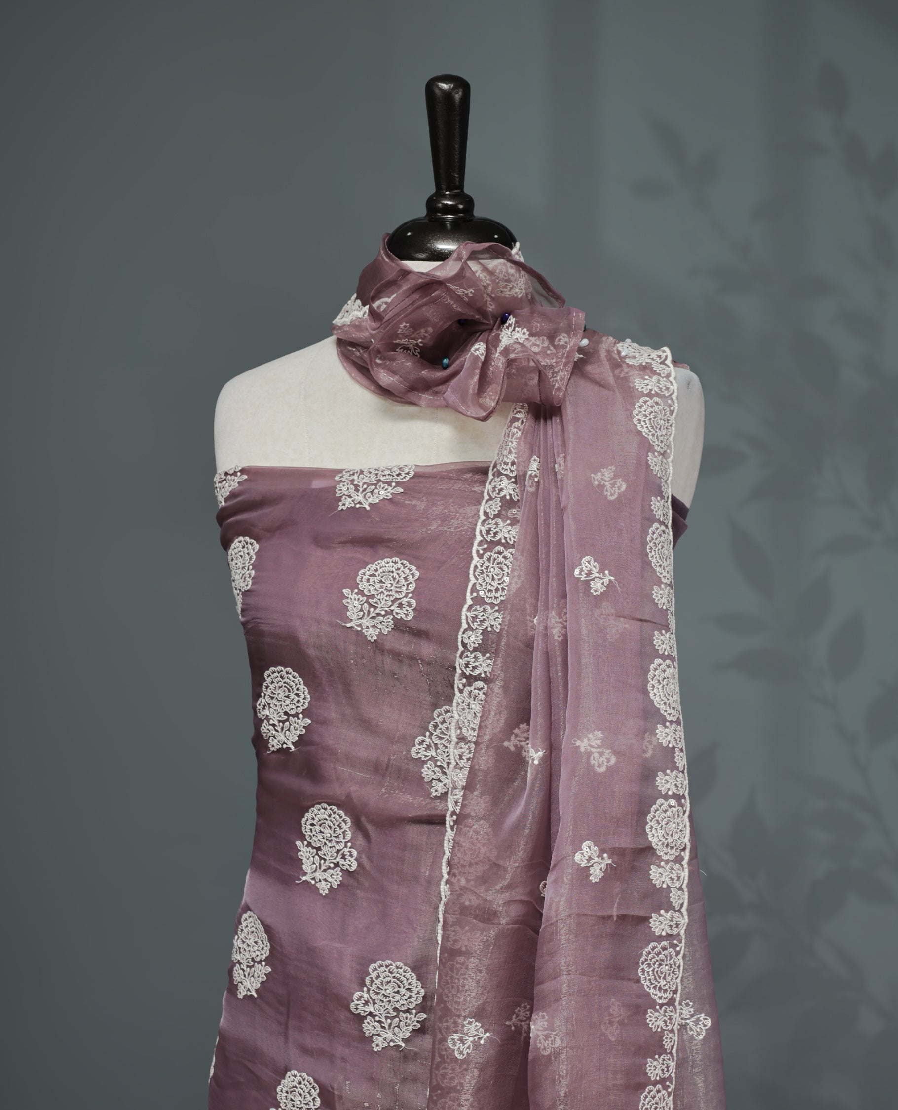Grape Colour Organza  Salwar material Featuring White Embroidery Work On body & Matching Organza Dupatta with Same work & Scallop border, matching bottom.