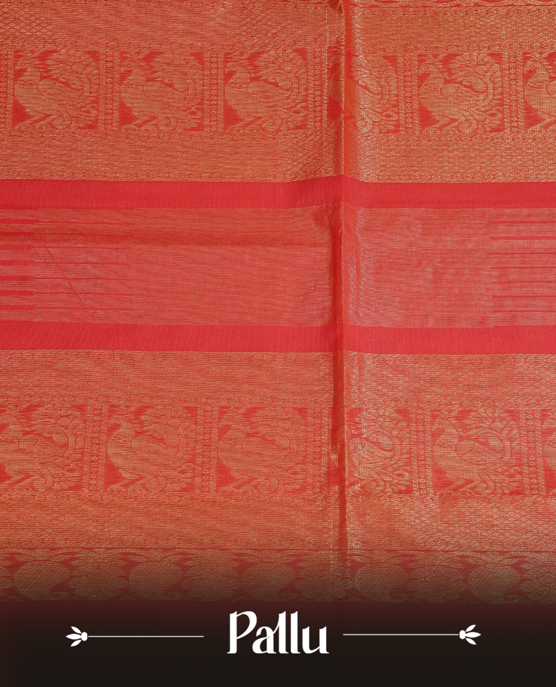 Red Colour Chettinad Cotton Saree Featuring Gold Zari Checks with Peacock Motifs on the Body, Complemented by a Minimal Green Border and a Grand Gold Zari Pallu, Paired with a Matching Blouse Piece.