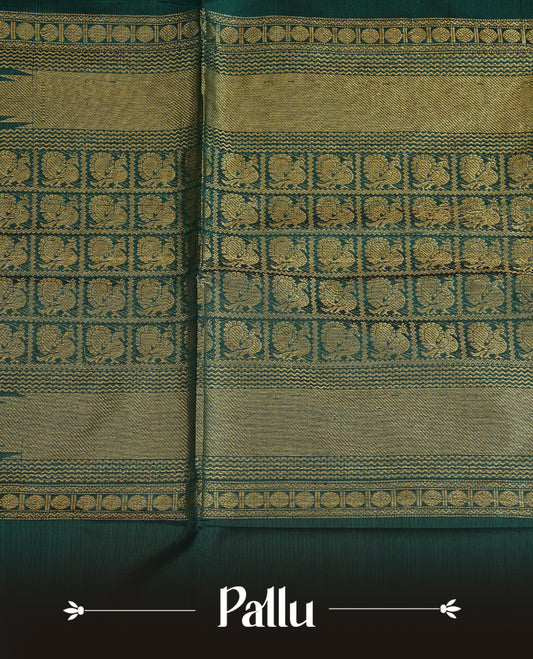 Green colour chettinad cotton saree featuring gold zari motifs body, Contrast Mustard colour with Gold zari border, comes with matching blouse piece.