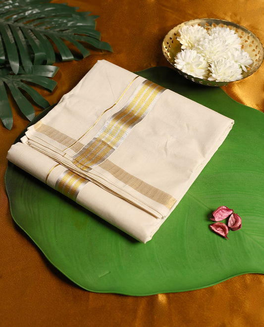 Classic off white colour pure handloom cotton double dhoti featuring a rich golden zari border with fine detailing, blending elegance and tradition. Perfect for weddings, festivals, and cultural celebrations