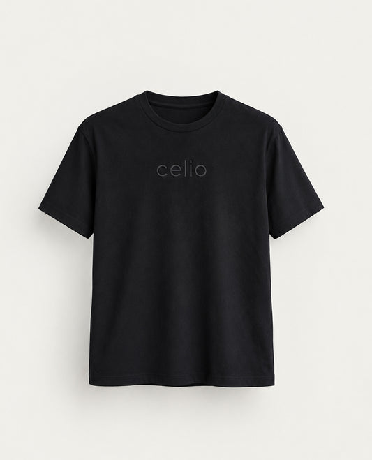Black colour t shirt featuring round design neck, elegant Design body with a text, Half sleeve.