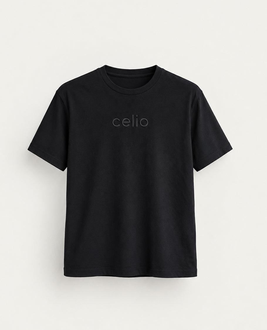 Black colour t shirt featuring round design neck, elegant Design body with a text, Half sleeve.
