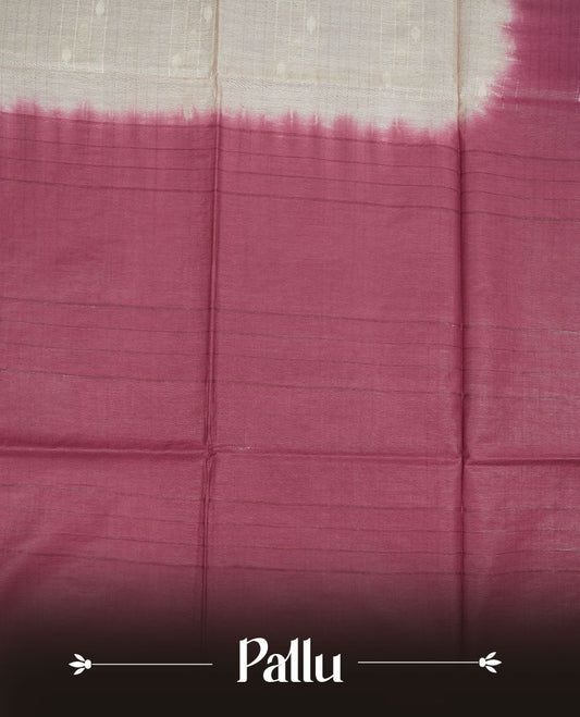 Cream & Maroon dye pattern colour semi jute saree highlighting white stripped body, without border and paired with matching blouse.