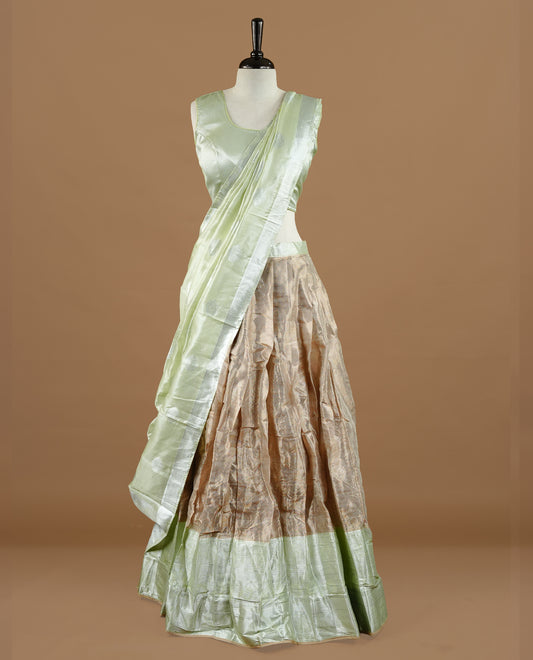 Pastel green colour Half saree featuring Antique colour skirt with contrast dusted gold colour border, paired with matching stitched blouse piece, with matching dupatta.