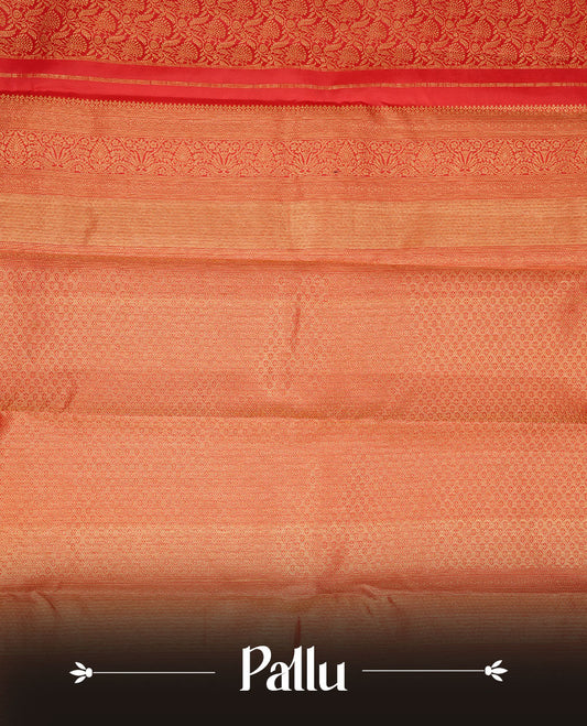 Red colour kancheepuram silk saree featuring gold zari pattern across body, complemented by selfcolour border traditional zari border, paired with matching blouse piece.