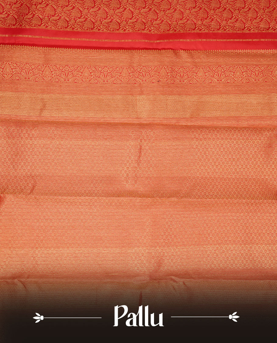 Red colour kancheepuram silk saree featuring gold zari pattern across body, complemented by selfcolour border traditional zari border, paired with matching blouse piece.