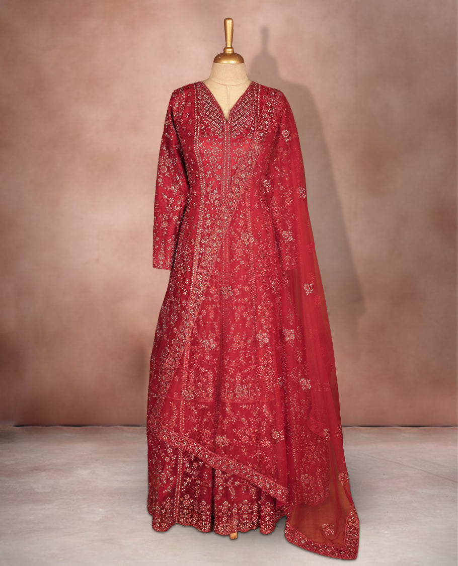 Deep red colour fully embroidered stitched gown set with V‑neckline, f