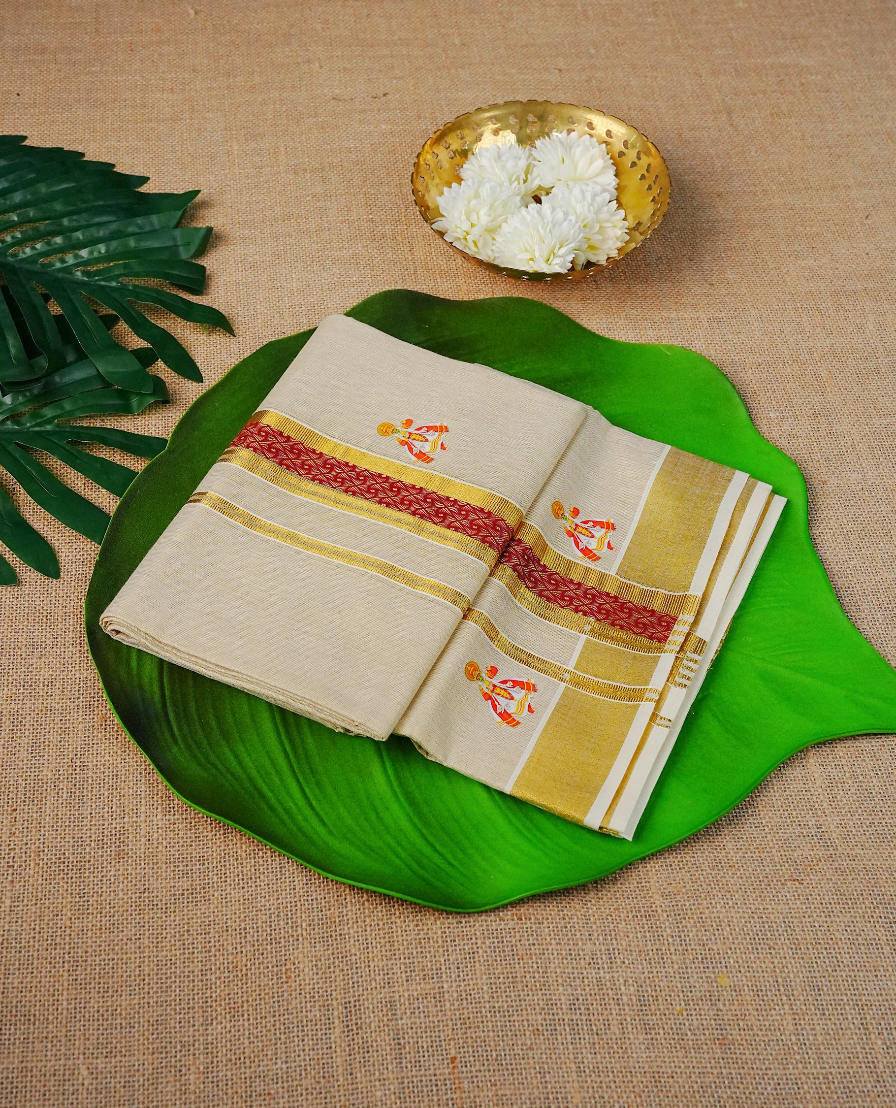 Cream Colour Tissue Double Dhoti Finished With A Classic Golden, Maroon printed Kara & Indian art forms Digital print.