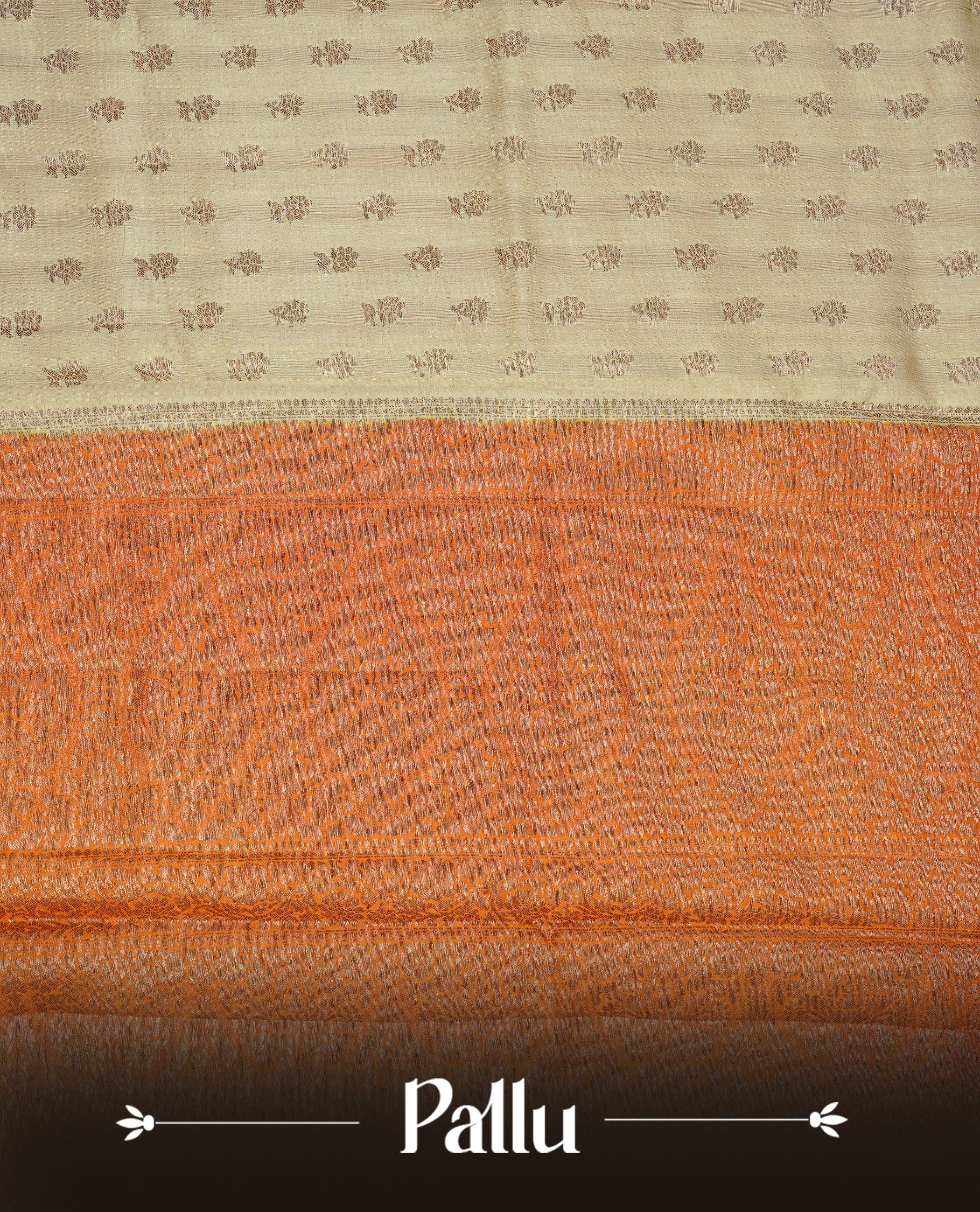 Cream colour pure tussar Banaras silk saree featuring intricate gold zari motifs across the body, enhanced with a contrast orange floral kodi zari border for a rich traditional look. Comes with a matching blouse piece.