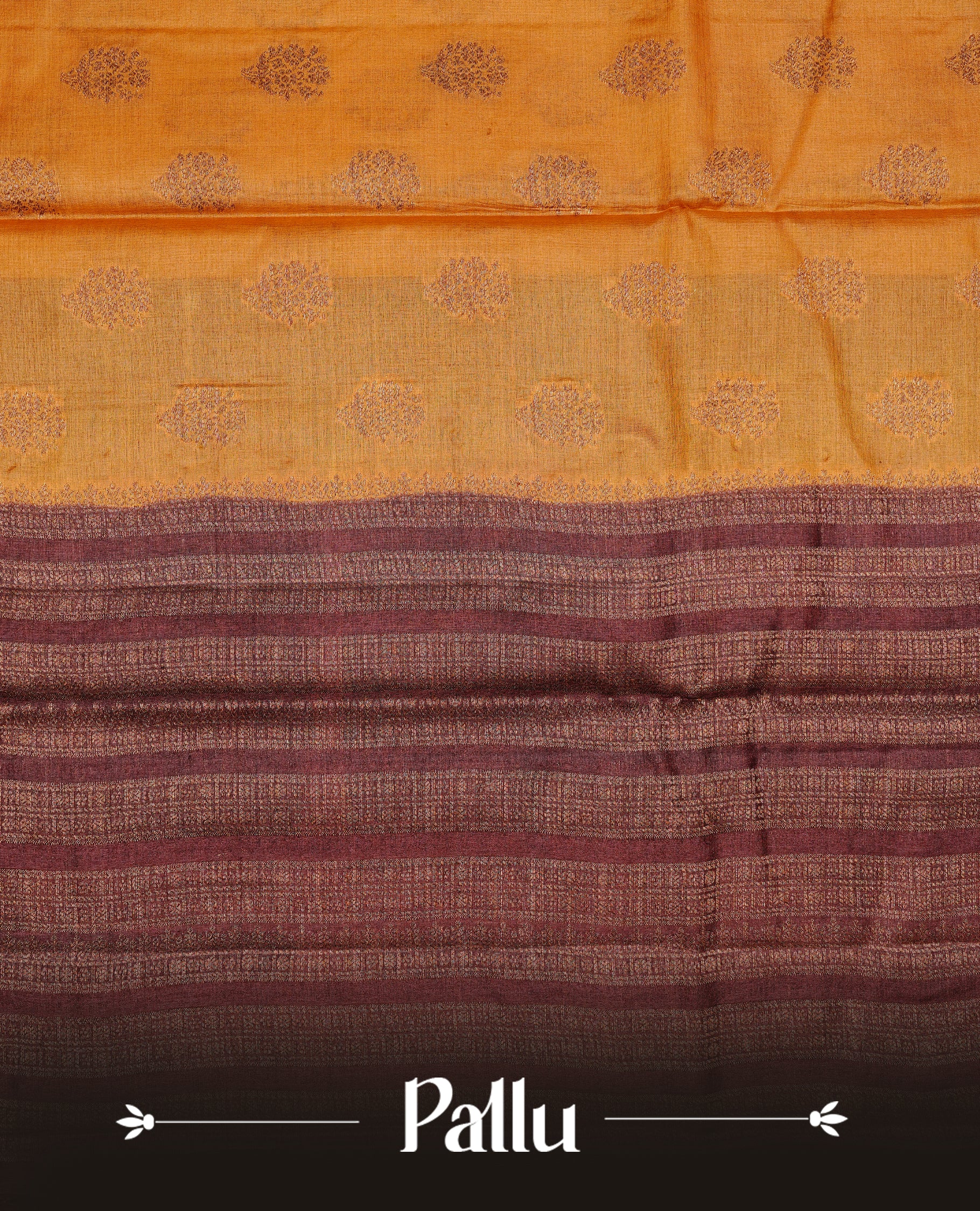 Mustard colour pure tussar banaras silk saree featuring gold zari motifs on body, highlighting contrast Chocolate colour with zari border, paired with matching blouse piece.