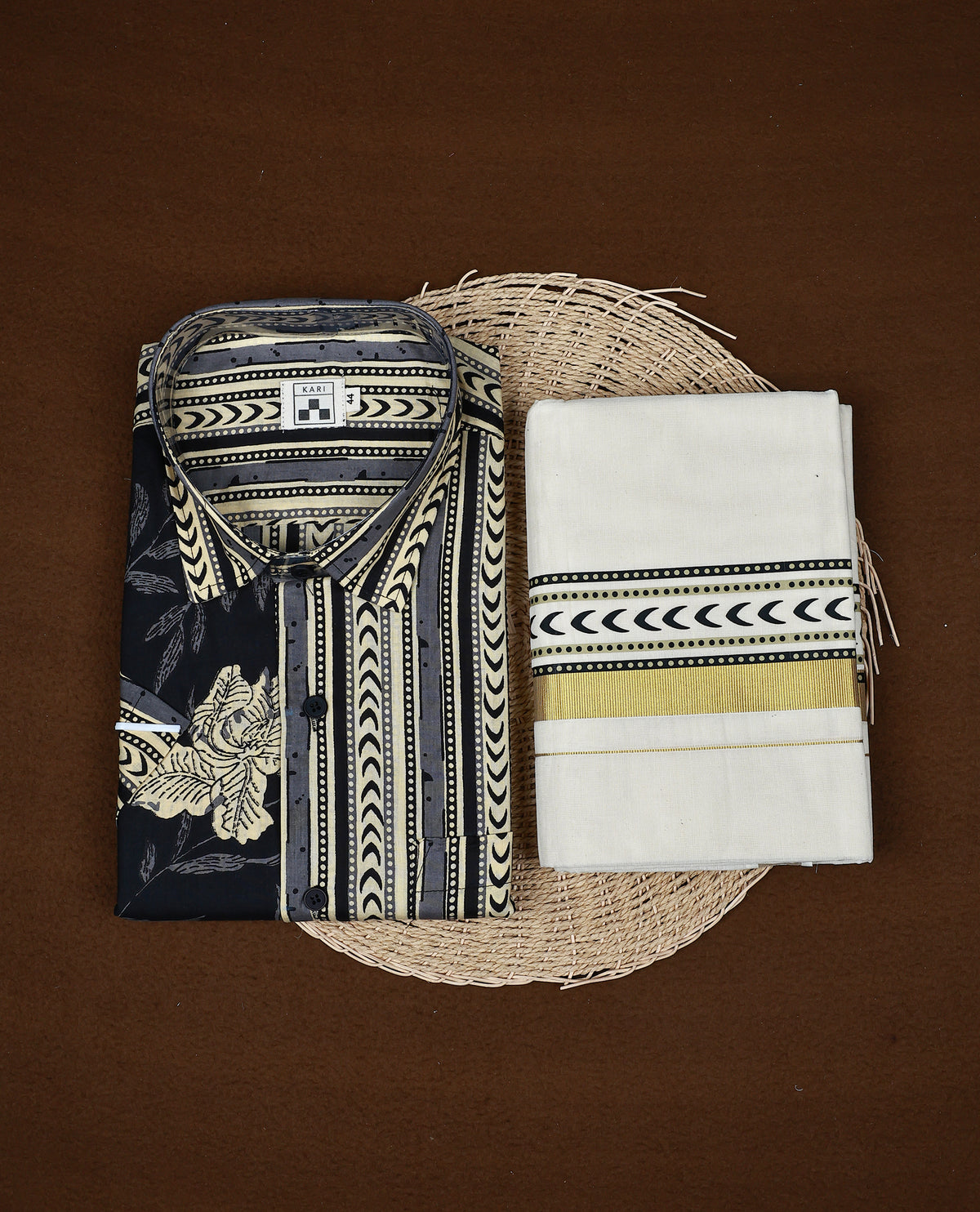 Kari Half & Half Black & Beige colour Printed Shirt with Cream Dhoti & Matching kara.