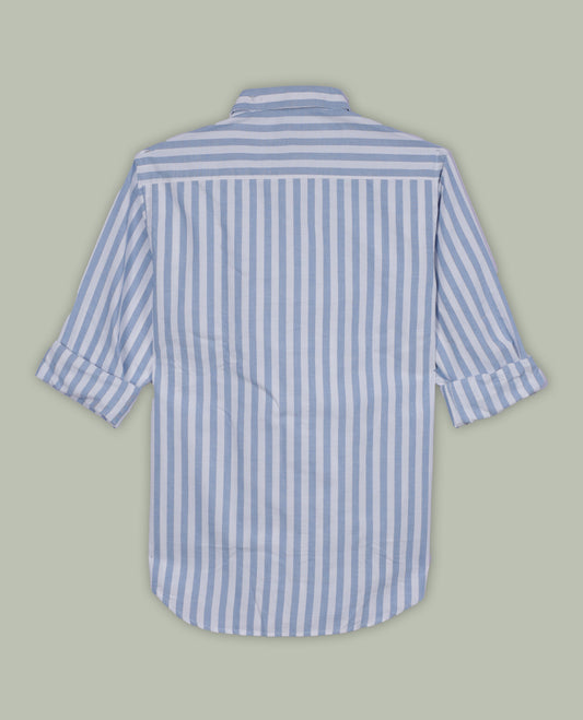 White and blue colour striped shirt in soft cotton, featuring vertical lines for a sleek, timeless look, Designed with a classic collar and full sleeves, it blends effortless style with everyday comfort.