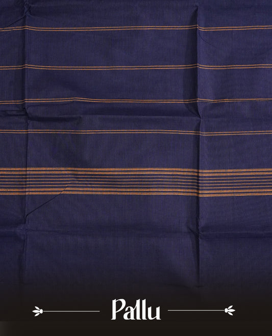 Navy blue colour chettinad cotton saree featuring elegant plain body, complemented by contrast Maroon colour with gold zari border,comes with matching blouse piece.