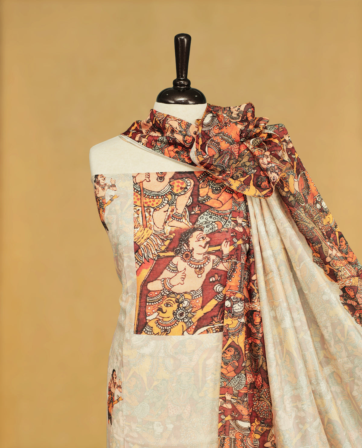 Cream colour salwar material Featuring Indian Art forms Print on body, paired with matching bottom & Elegant Dupatta.