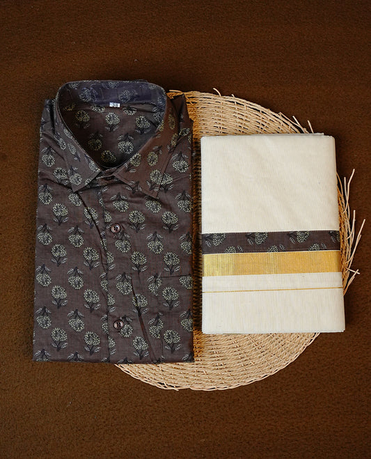 Dark Brown Colour Half-Sleeve Shirt With Floral Prints, Paired with a Cotton Double Dhoti Featuring Matching Prints.