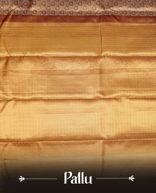 Gold & chocolate double shade colour kancheepuram tissue silk saree featuring gold zari floral kodi pattern on body, complemented by contrast maroon colour with traditional border, paired with matching blouse piece.