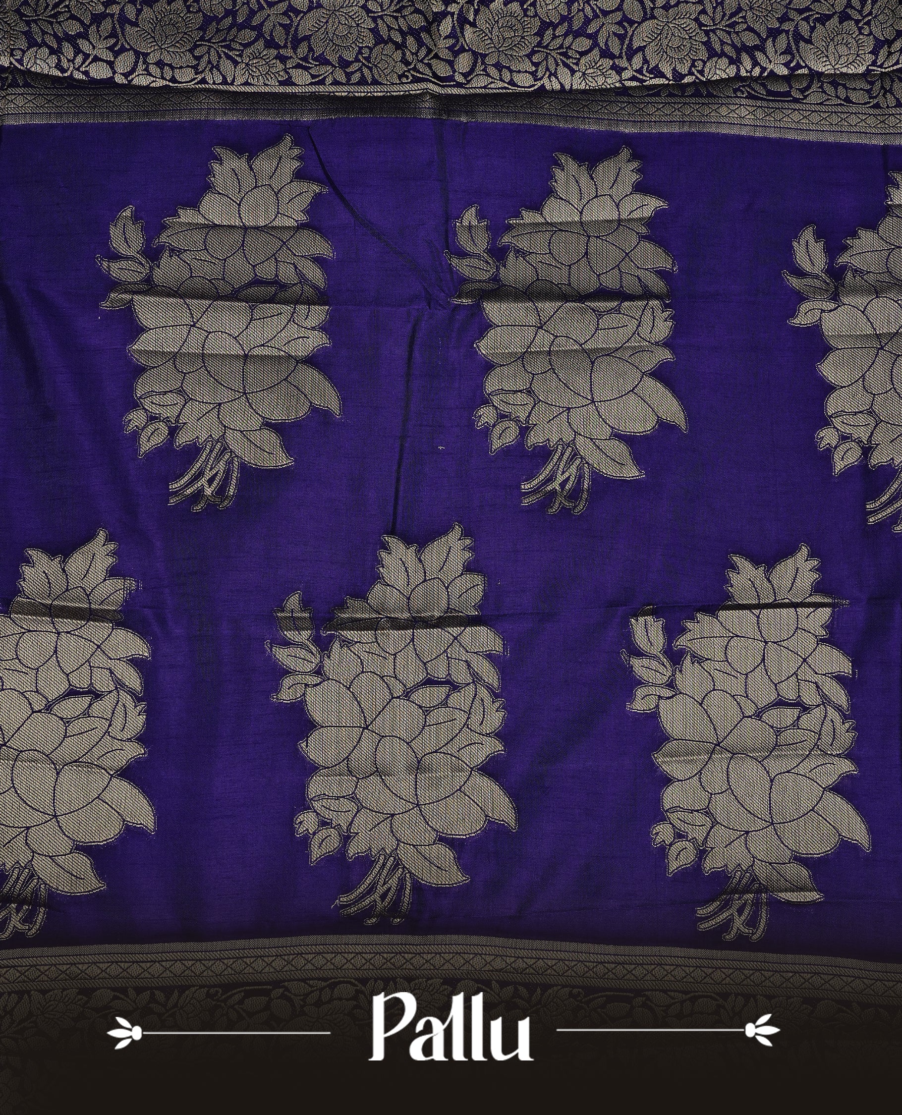 Indigo colour semi Tussar silk saree featuring an elegant plain body, complemented by a self colour border adorned with traditional gold zari floral kodi patterns. Comes paired with a matching blouse piece.
