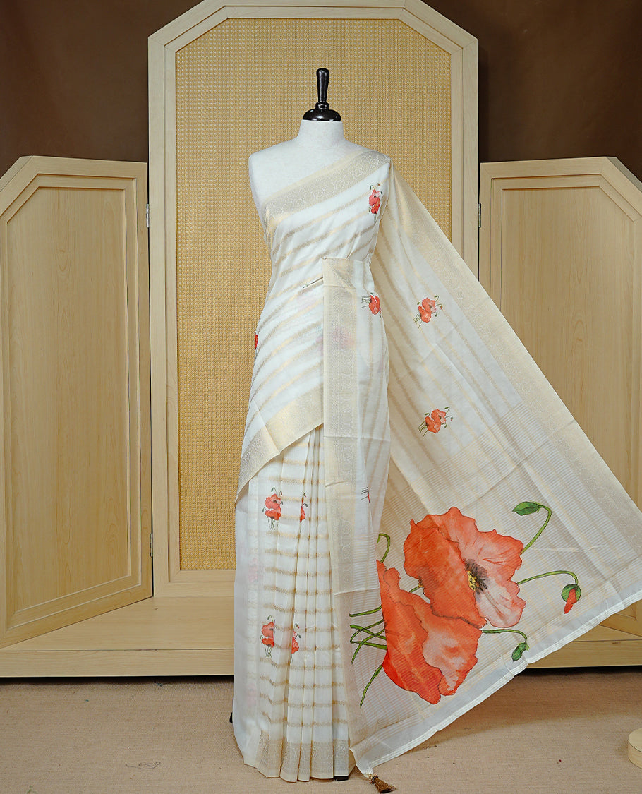 Cream Colour Organza Kerala Saree Featuring Gold Zari Strips & Floral Printed  Body, Enriched By A Light Gold Zari Border, Paired With A Matching Blouse Piece.