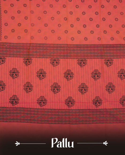 Peach Orange colour poly cotton saree with black floral butti motifs on the body, paired with a matching pallu featuring black ornate floral jaal and stripes on the border, and a coordinated all‑over black paisley printed blouse piece.