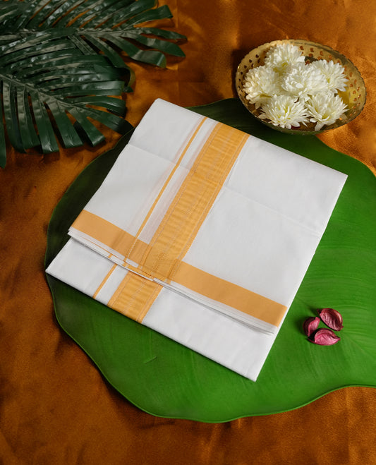 White colour cotton dhoti enhanced with a bright mustard yellow border featuring fine stripe detailing, exuding simplicity and elegance & Perfect choice for festive occasions, rituals, and cultural celebrations.