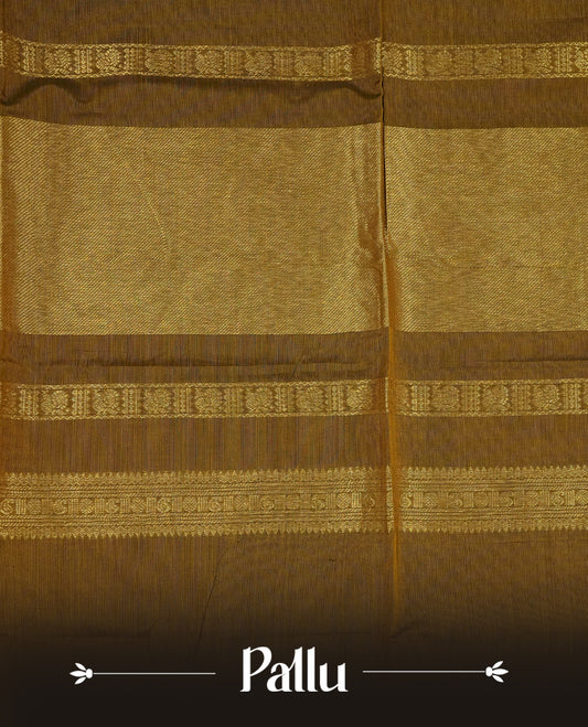 Olive colour chettinad cotton saree featuring Elegant plain body, complemented by contrast Chocolate & green colour with gold zari border, comes with matching blouse piece.