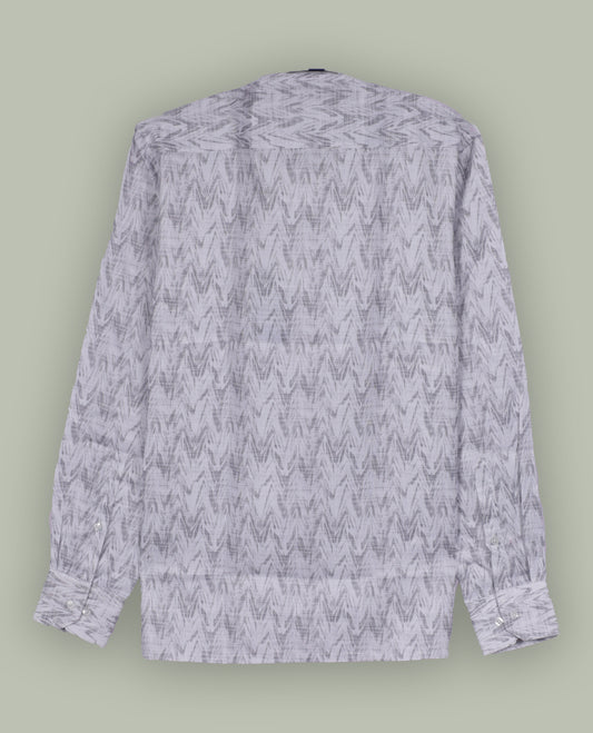 Off white colour shirt shirt featuring a grey printed  subtle zigzag pattern, classic spread collar, and full sleeves, Crafted from soft, breathable fabric for all day comfort.